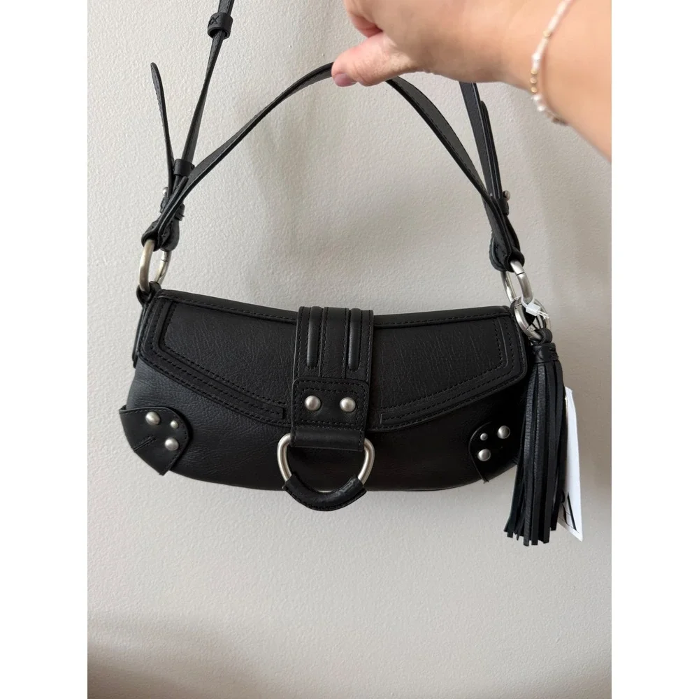 Zara Black Leather Shoulder Bag Women Y2K Minimalist Festival Studded Moto $169 - Picture 4 of 11